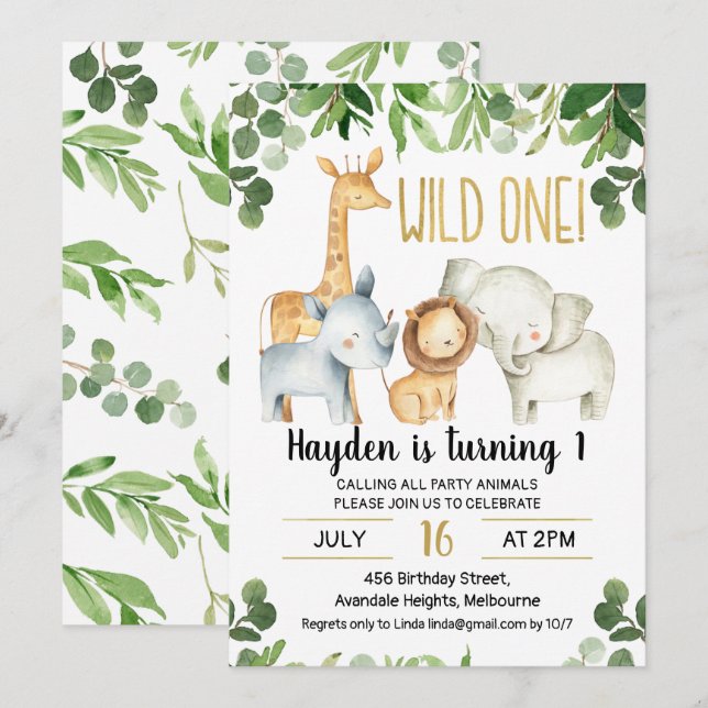 Safari Foliage Wild One 1st Birthday Invitation (Devant / Derrière)