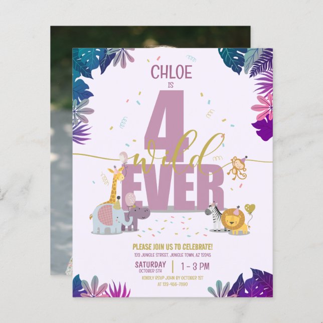 Safari Four Ever Wild Girl Budget Foto Geburtstag (Vorne/Hinten)