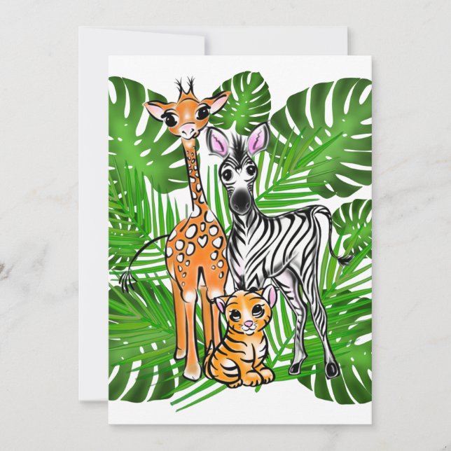 Safari-Freunde, Giraffe, Zebra, Tiger, Palm-Blätte Einladung (Vorderseite)