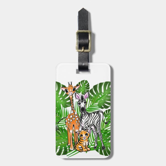 Safari-Freunde, Giraffe, Zebra, Tiger, Palm-Blätte Gepäckanhänger (Vorderseite vertikal)