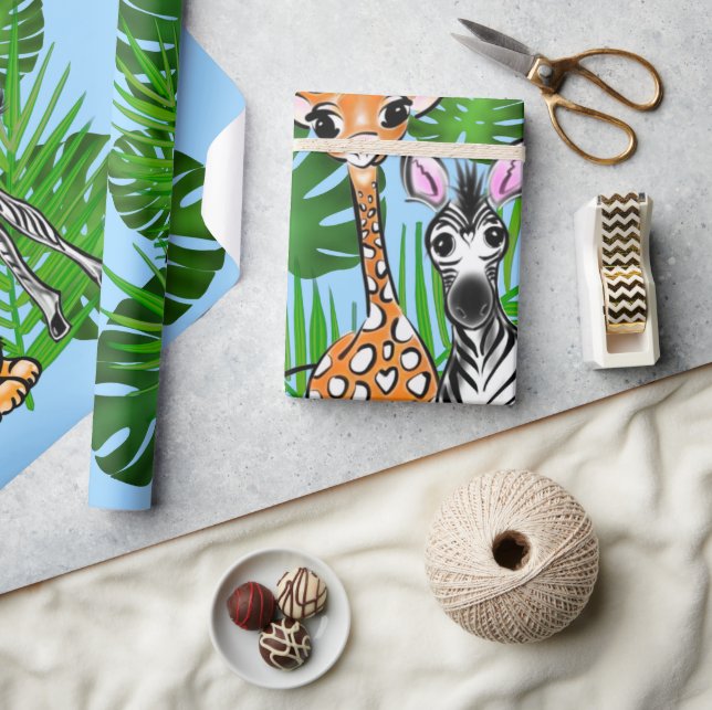 Safari-Freunde, Giraffe, Zebra, Tiger, Palm-Blätte Geschenkpapier (Kunsthandwerk)