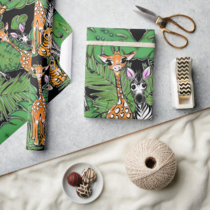Safari-Freunde, Giraffe, Zebra, Tiger, Palm-Blätte Geschenkpapier