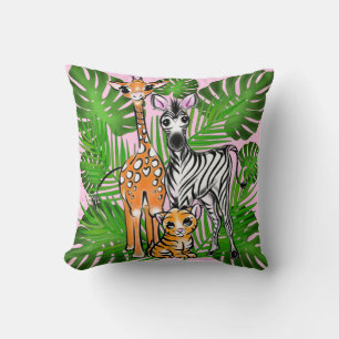 Safari-Freunde, Giraffe, Zebra, Tiger, Palm-Blätte Kissen