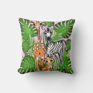Safari-Freunde, Giraffe, Zebra, Tiger, Palm-Blätte Kissen
