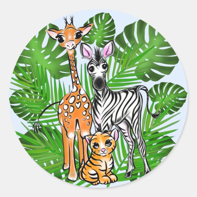 Safari-Freunde, Giraffe, Zebra, Tiger, Palm-Blätte Runder Aufkleber (Vorderseite)