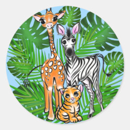 Safari-Freunde, Giraffe, Zebra, Tiger, Palm-Blätte Runder Aufkleber