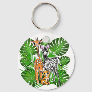 Safari-Freunde, Giraffe, Zebra, Tiger, Palm-Blätte Schlüsselanhänger