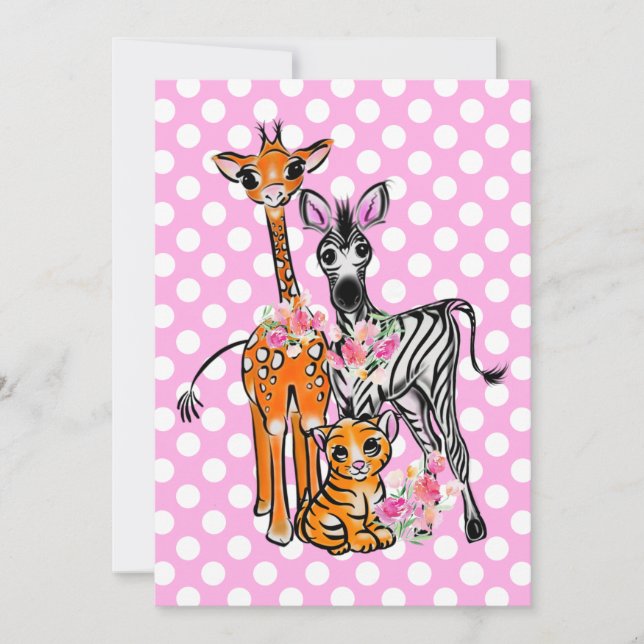 Safari-Freunde giraffe zebra tiger pink polka Einladung (Vorderseite)