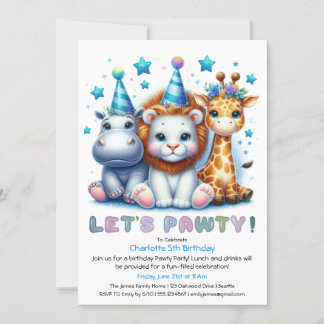 Safari Geburtstag Glitzer Blue Rhino, Löwe, Giraff Einladung