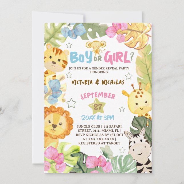 Safari Gender Reveal Watercolor Einladung (Vorderseite)