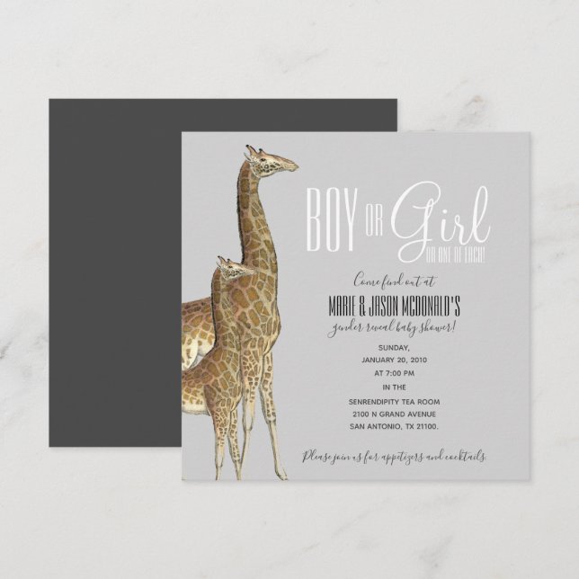 safari girafe GENDER REVEAL baby shower Invitation (Devant / Derrière)