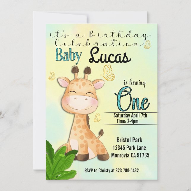 Safari Giraffe erste Einladung zum Geburtstag (Vorderseite)