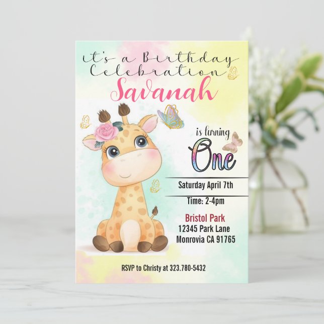 Safari Giraffe erste Einladung zum Geburtstag (Stehend Vorderseite)