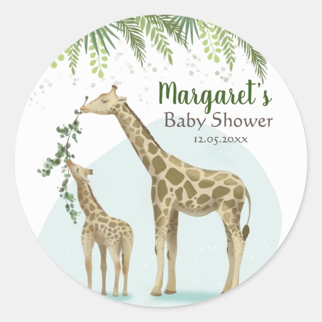 Safari Giraffe Green Leaf Baby Round Sticker (Vorderseite)