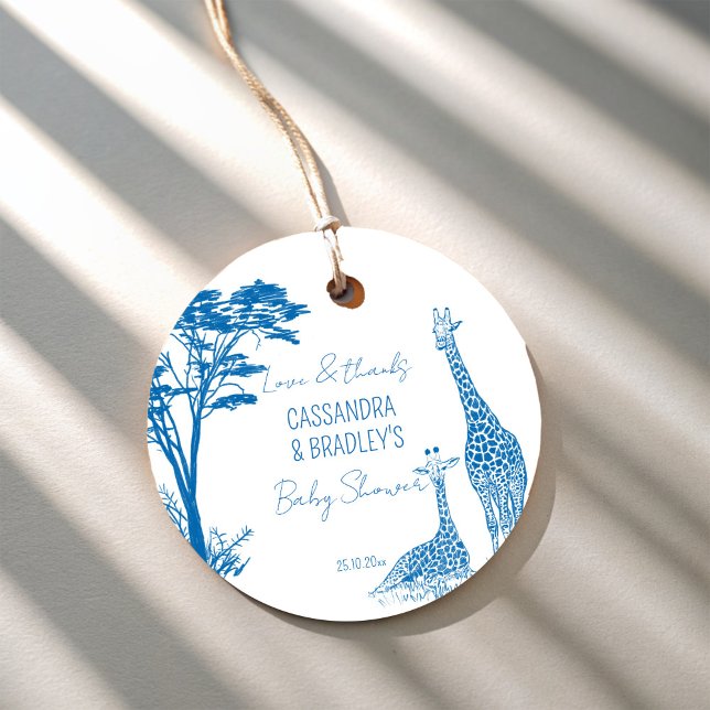 Safari-Giraffenbaby-Dusche Geschenkanhänger (Safari blue toile de jouy giraffe African animals baby shower favor tags personalized printed tags)