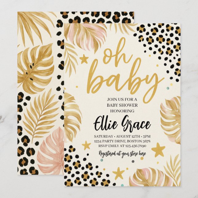 Safari Gold Leopard Print Baby Dusche Einladung (Vorne/Hinten)