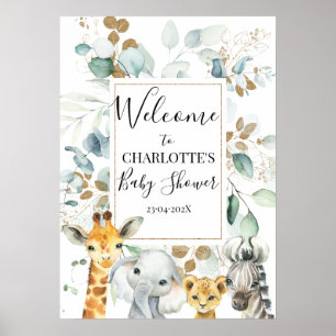 Safari Gray Gold Foliage Baby Dusche Willkommen Poster