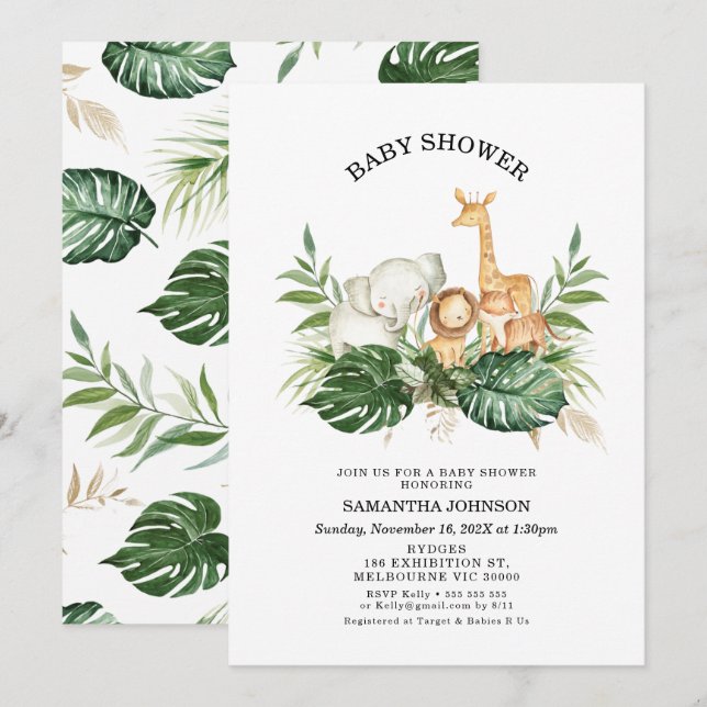 Safari Greenery Foliage Gender Neutral Baby Dusche Einladung (Vorne/Hinten)