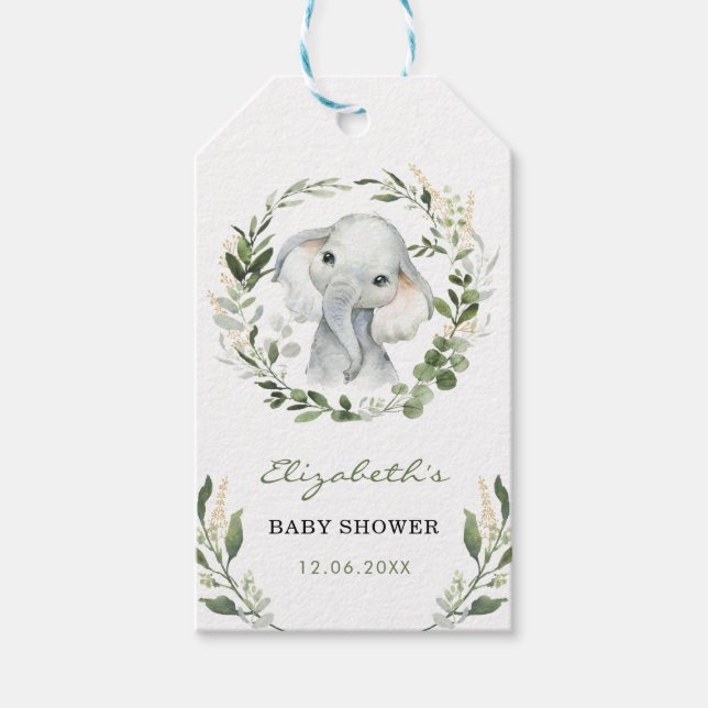 Safari Greenery Gold Elephant Baby Shower Party Geschenkanhänger (Vorderseite)