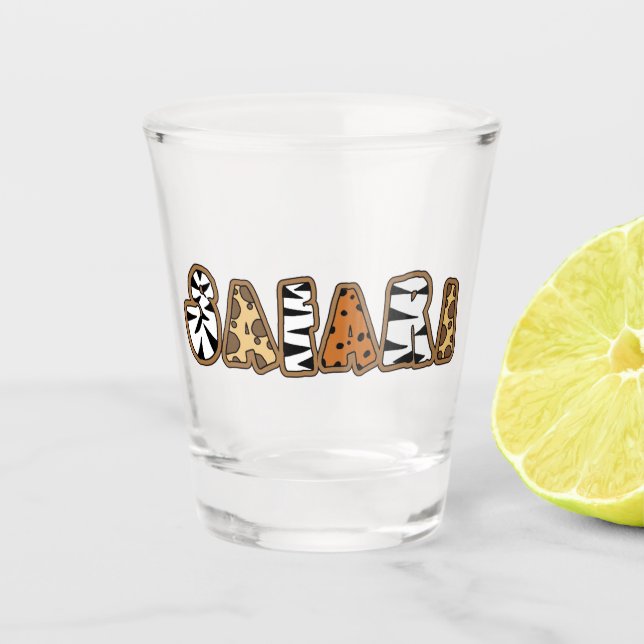 Safari in Tierdruckbriefen Schnapsglas (Vorderseite)