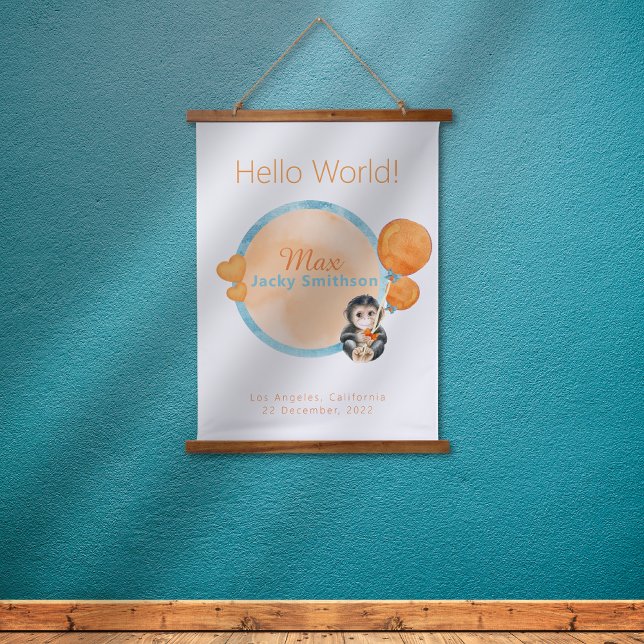 Safari Jungle Adventure Watercolor Monkey Wandteppich Mit Holzrahmen (Safari Jungle Monkey Orange Balloons Personalizable Birthday Poster)
