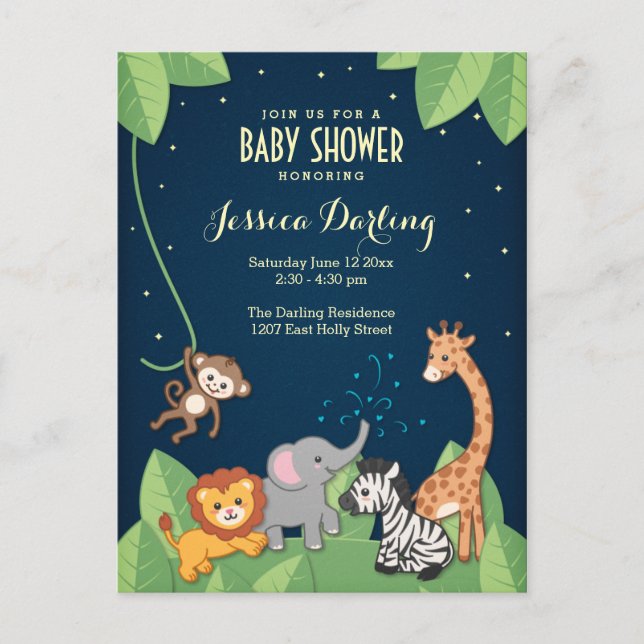 Safari Jungle Animals Adorable Baby Dusche Einladungspostkarte (Vorderseite)