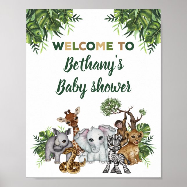 Safari Jungle Animals Baby Dusche Begrüßungszeiche Poster (Vorne)