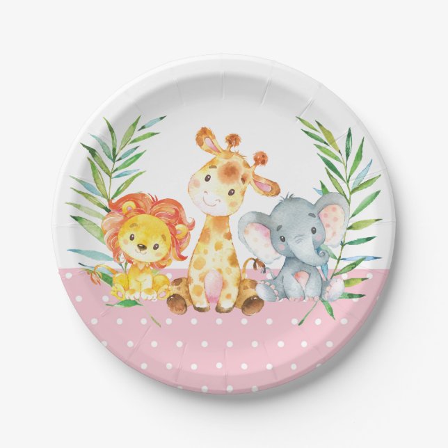 Safari Jungle Animals Baby Dusche rosa Papierplatt Pappteller (Vorderseite)