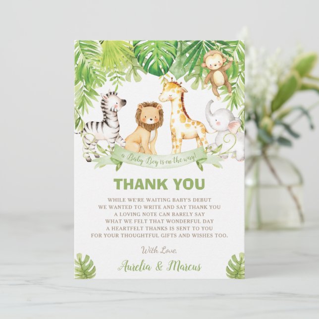 Safari Jungle Animals Baby Shower Boy Green Forest Dankeskarte (Stehend Vorderseite)