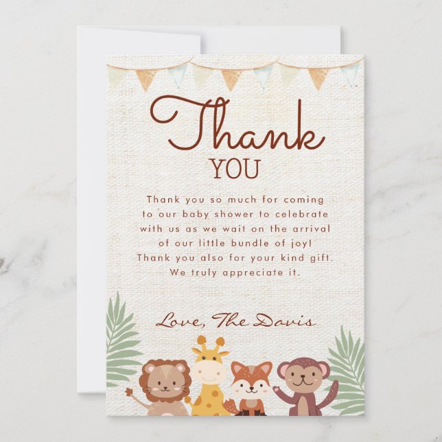 Safari Jungle Animals Baby Shower Boy Vielen Dank Einladung (Vorderseite)