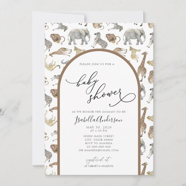 Safari Jungle Animals Boho Arch Baby Dusche Einladung (Vorderseite)