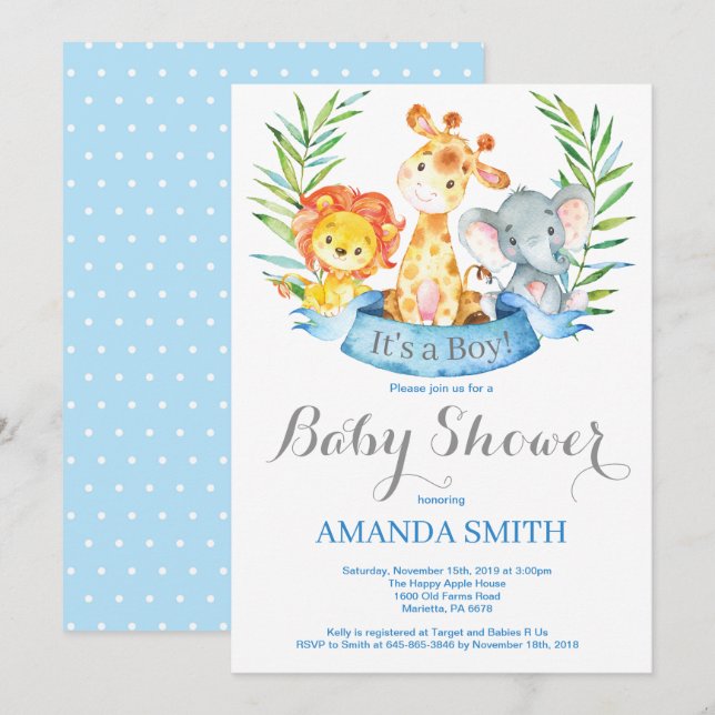 Safari Jungle Animals Boy Baby Shower Einladung (Vorne/Hinten)