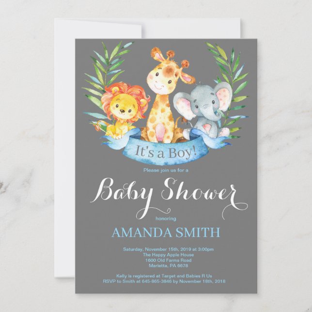 Safari Jungle Animals Boy Baby Shower Einladung (Vorderseite)