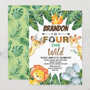 Safari Jungle Animals Four Ever Wild 4. Geburtstag Einladung