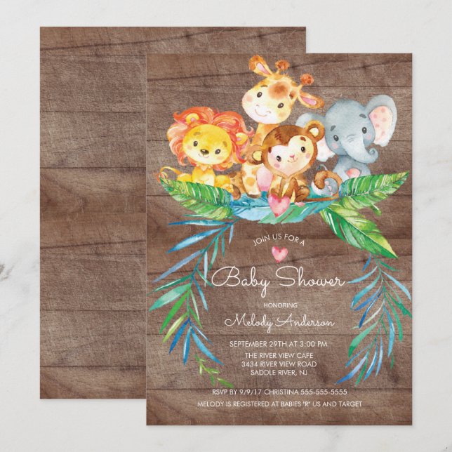 Safari Jungle Animals Kinderdusche Einladung (Vorne/Hinten)