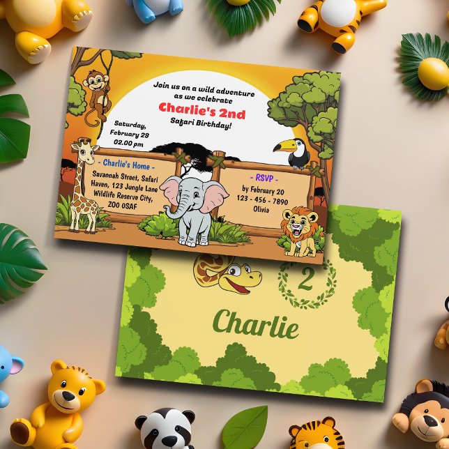 Safari Jungle Animals Niedlicher Cartoon Geburtsta Einladung (Von Creator hochgeladen)