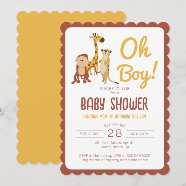 Safari Jungle Animals Oh Boy Baby Dusche Einladung (Vorne/Hinten)