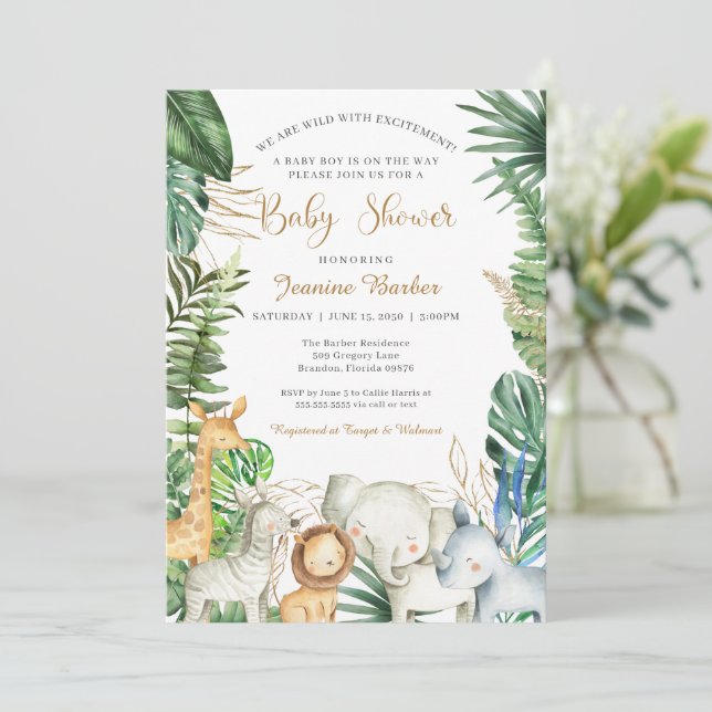 Safari Jungle Animals Wilde Spannung Baby Dusche Einladung (Stehend Vorderseite)