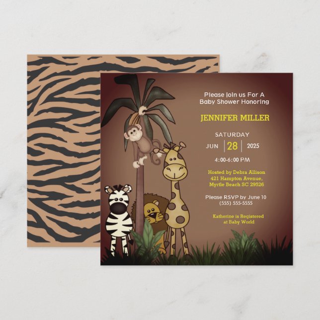 Safari Jungle Animaux Baby shower Invitation (Devant / Derrière)