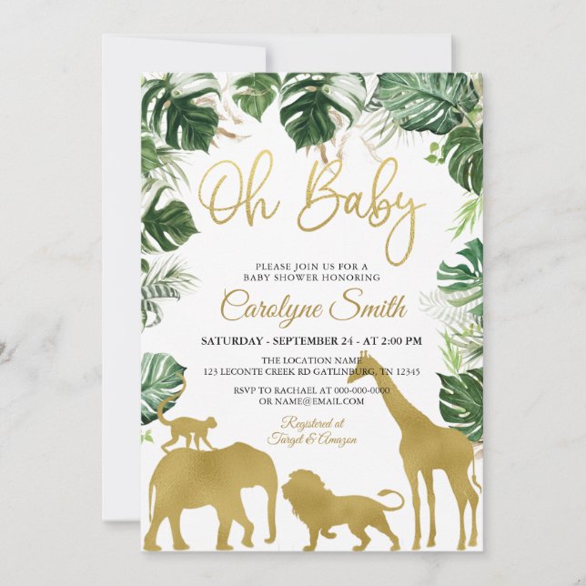 Safari Jungle Animaux Gold Baby shower Invitation (Devant)