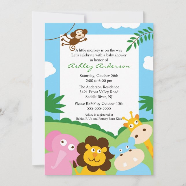 Safari Jungle Baby Animails Kinderdusche Einladung (Vorderseite)