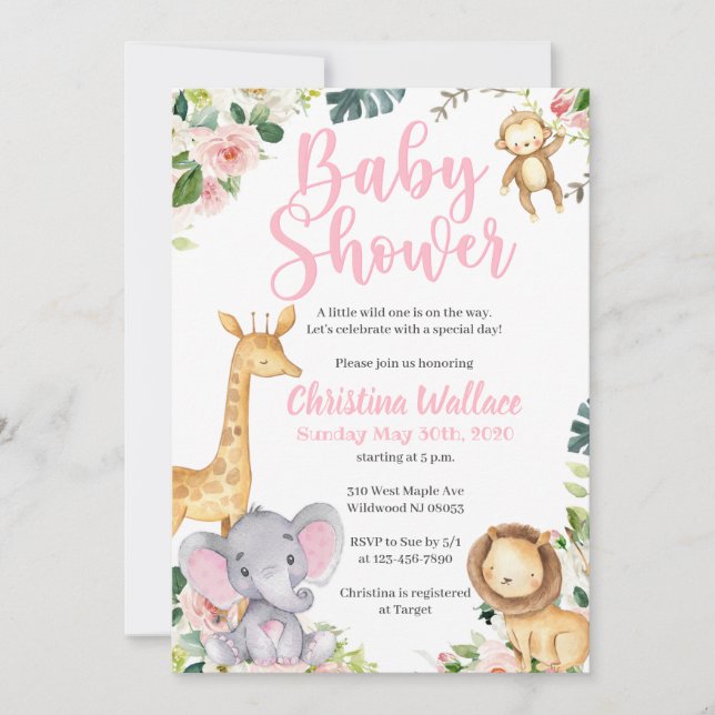 Safari Jungle Baby Dusche Einladungen für Mädchen (Vorderseite)
