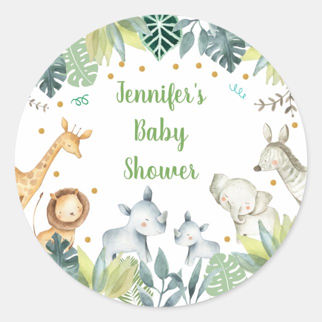 Safari Jungle Baby Dusche Green & Gold Runder Aufkleber (Vorderseite)