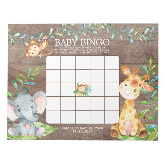 Safari Jungle Baby shower Bingo Jeu Bloc-notes (Devant)