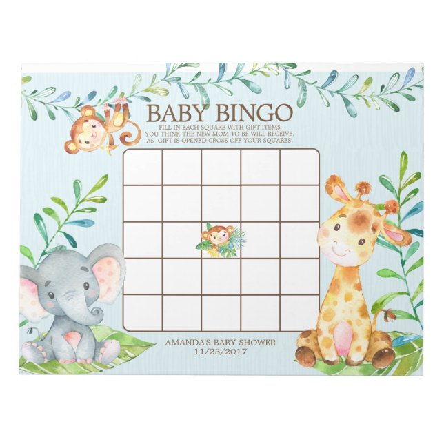 Safari Jungle Baby shower Bingo Jeu Bloc-notes (Devant)