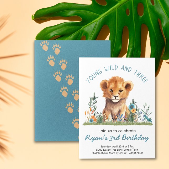 Safari Jungle Birthday Party Boys Einladung (Safari Jungle Baby Lion Orange Blue Flowers Animal Foot Print Young Wild Three Birthday Invitation)