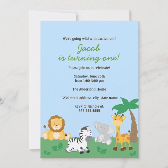 Safari Jungle Boy 1er Anniversaire Fête Invitation (Devant)