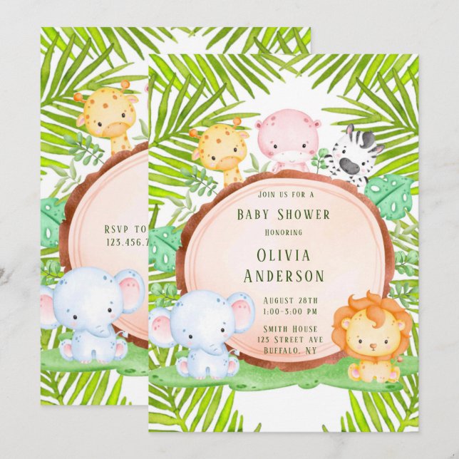 Safari Jungle Cartoon Animal Baby Dusche Einladung (Vorne/Hinten)