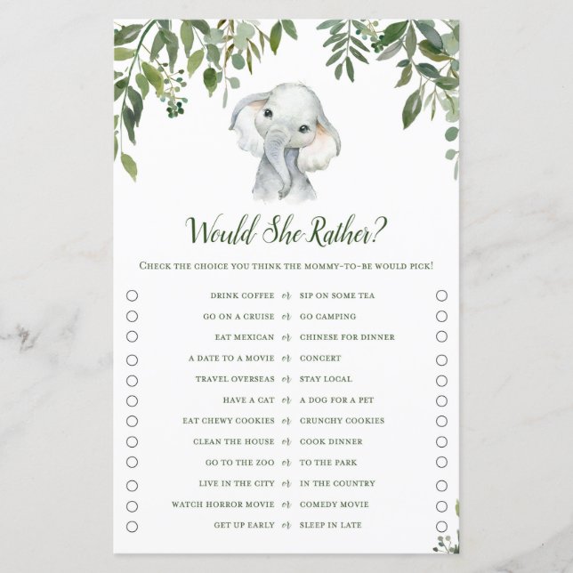 Safari Jungle Elephant Baby Shower Game PRINTED (Vorderseite)