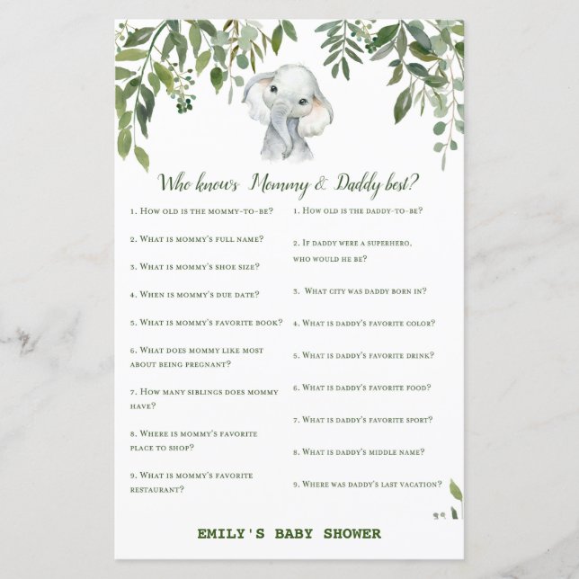 Safari Jungle Elephant Baby Shower Game PRINTED (Vorderseite)